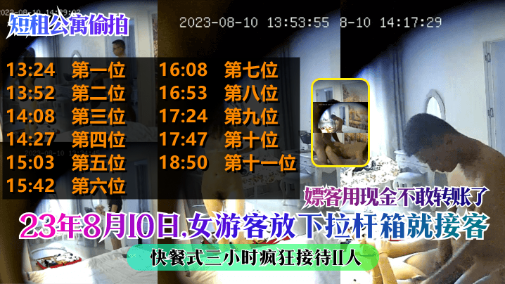 短租公寓偷拍23年8月10日女遊客放下拉杆箱就接客快餐式三小時瘋狂接待11人嫖客用現金不敢轉帳了